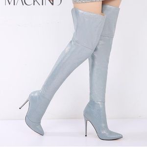 Blue Mackin J shimmer over the knee boot with 3.5 - 4” stiletto heel.